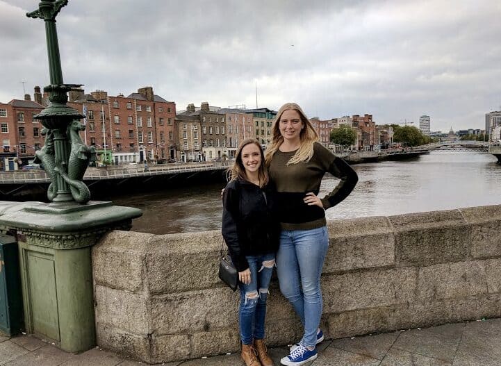 two girls standing in front of River Laffey in Dublin