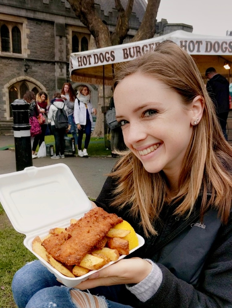 Janelle Axton eating fish and chips in Ireland