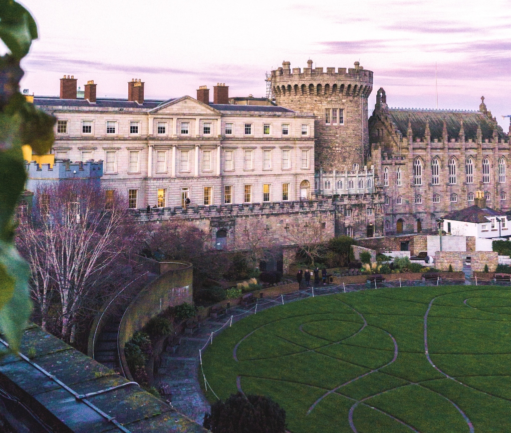 aerial view of Dublin Castle at sunset