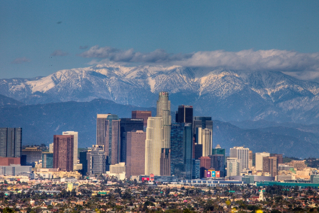 snow-capped mountains behind Los Angeles