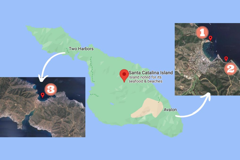 A map of the top 3 snorkeling spots on Catalina Island