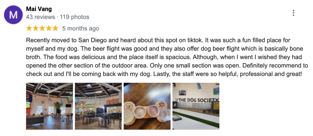 a Google review for Dog Society SD