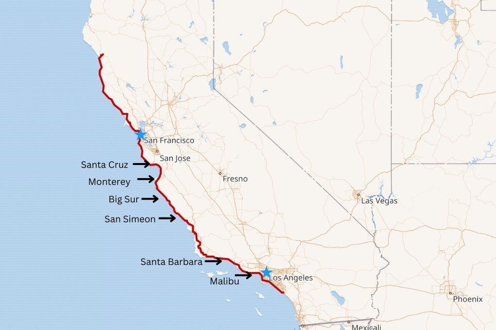 Pacific Coast Highway 7-Day Itinerary locations
