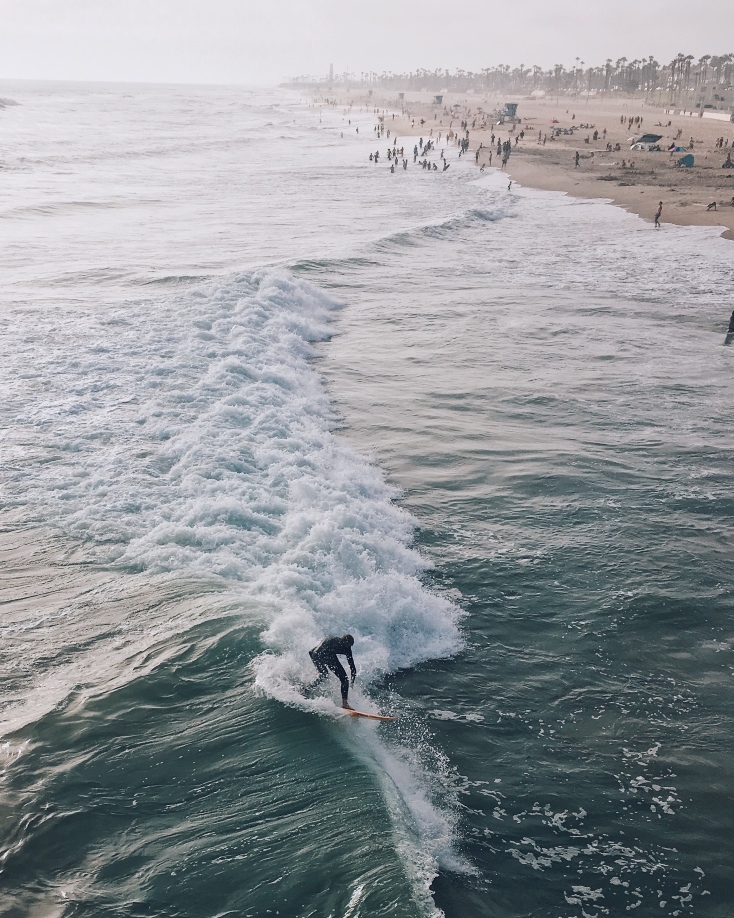 Huntington Beach view of surfer and beach goers