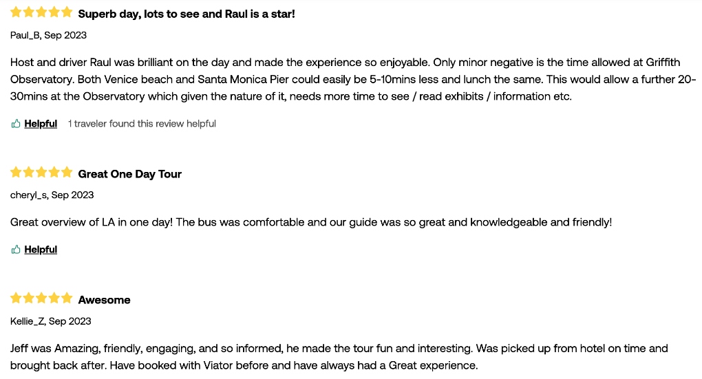 reviews of "Best LA tour" on Viator